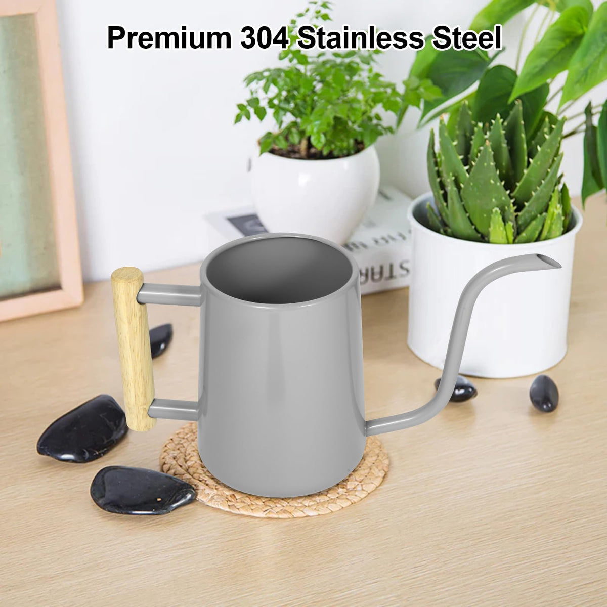 LTSUMI watering can shows wooden handle for comfortable grip during watering.