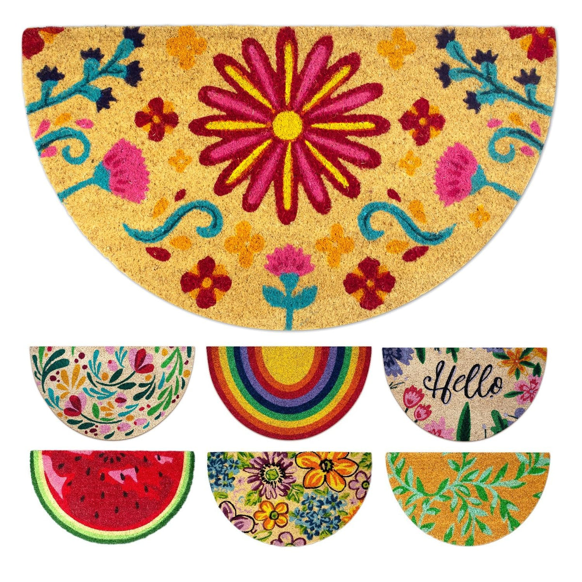 LUA VIKA coir doormat flowery at the front door traps dirt and welcomes guests.