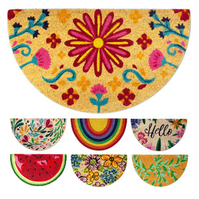 LUA VIKA coir doormat flowery at the front door traps dirt and welcomes guests.