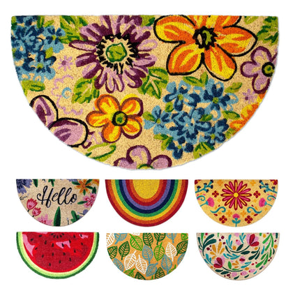 Lua Vika coir doormat with front-door welcome design captures dirt at entry.