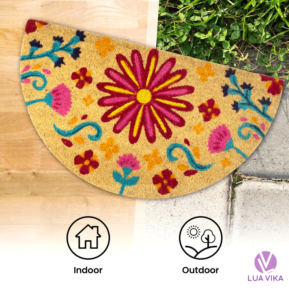 LUA VIKA flowery doormat close-up highlights natural coir texture.