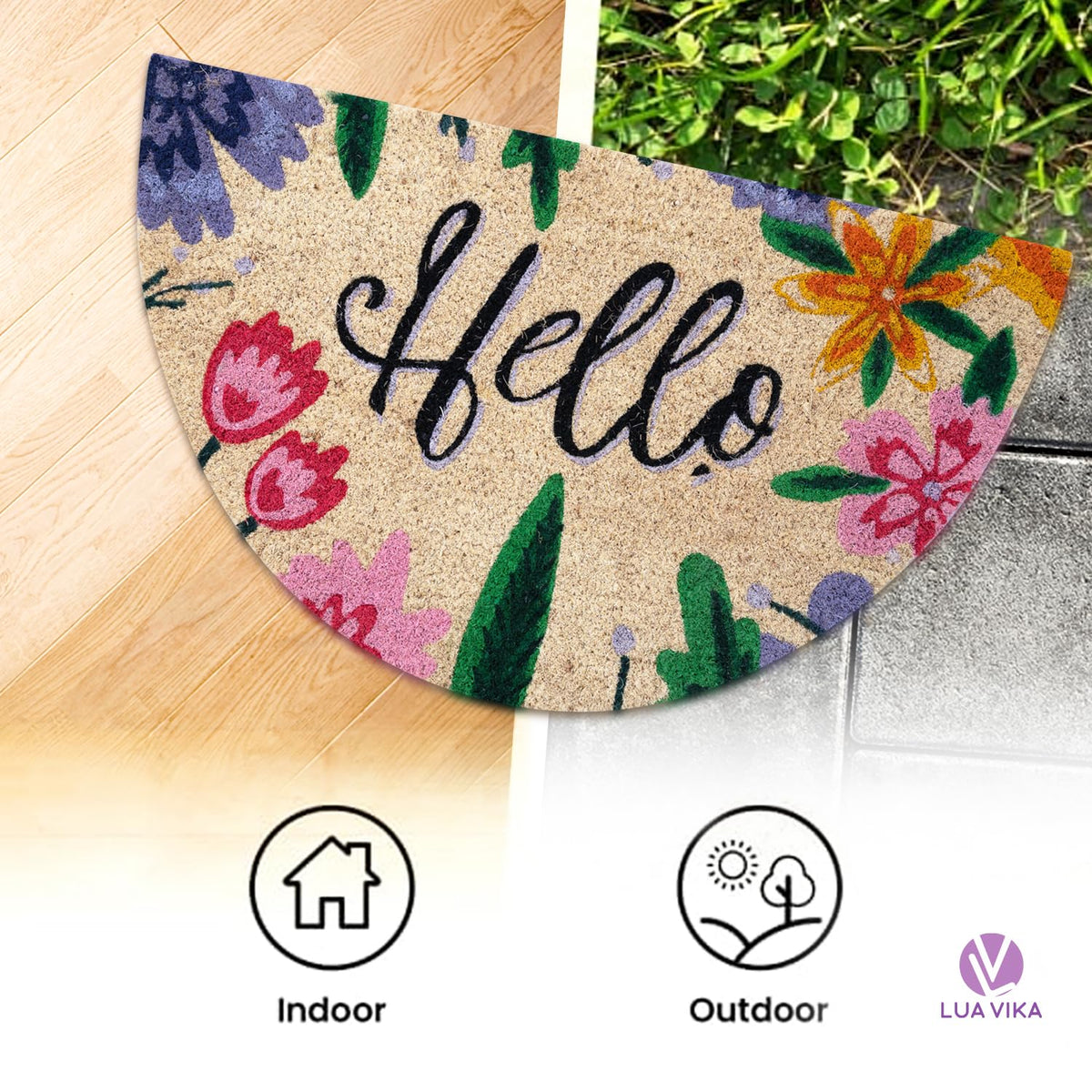 LUA VIKA colorful coir mat pattern adds personality while trapping moisture.