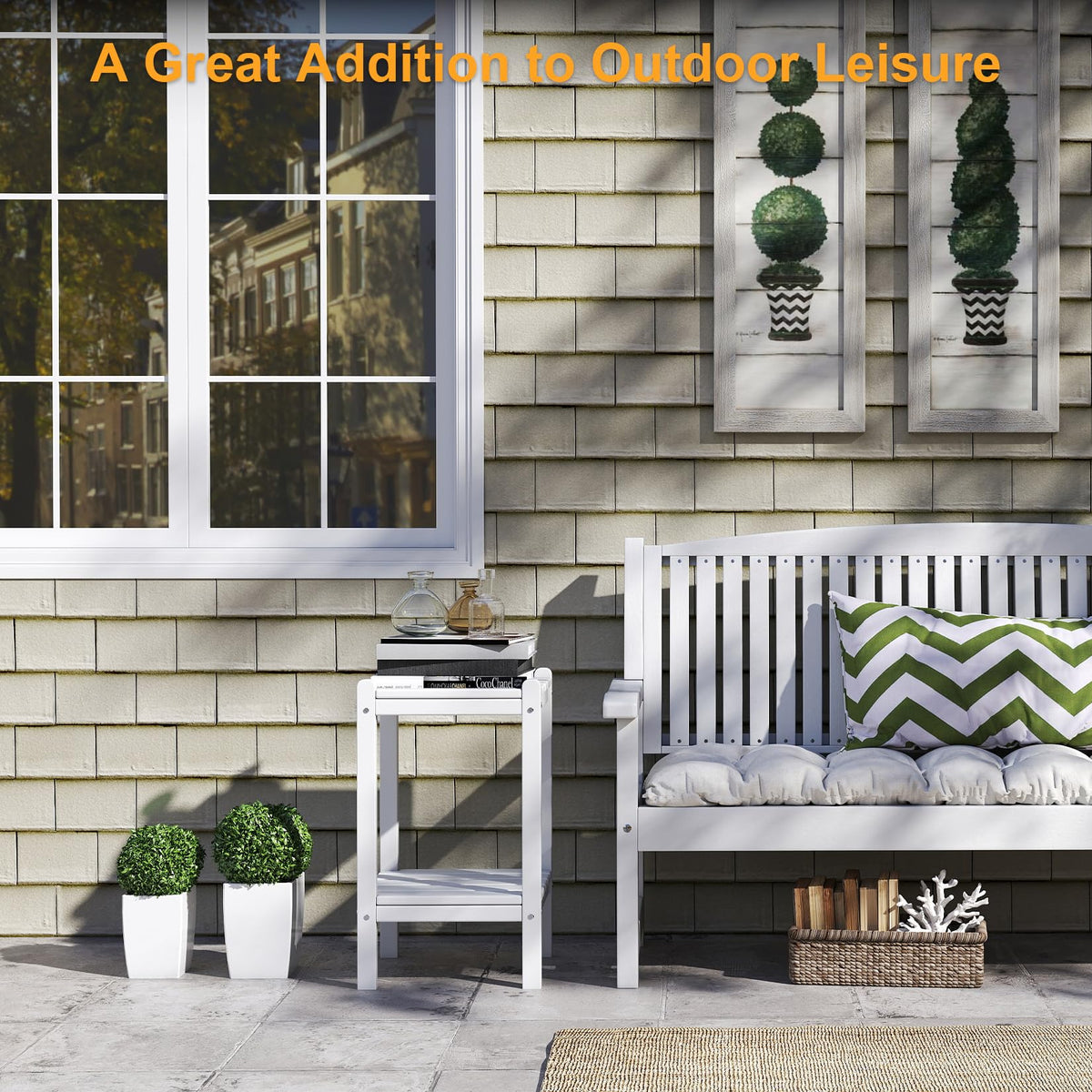 LUBITTE outdoor side table's two-tier storage keeps items organized on porches