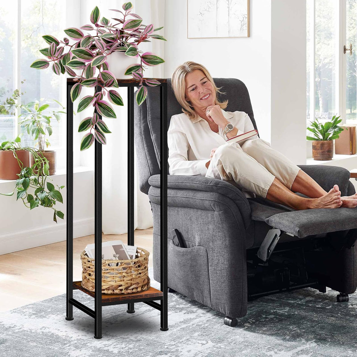 LUBORN 2-tier plant stand side tray close-up showing smooth wood-pattern surface.