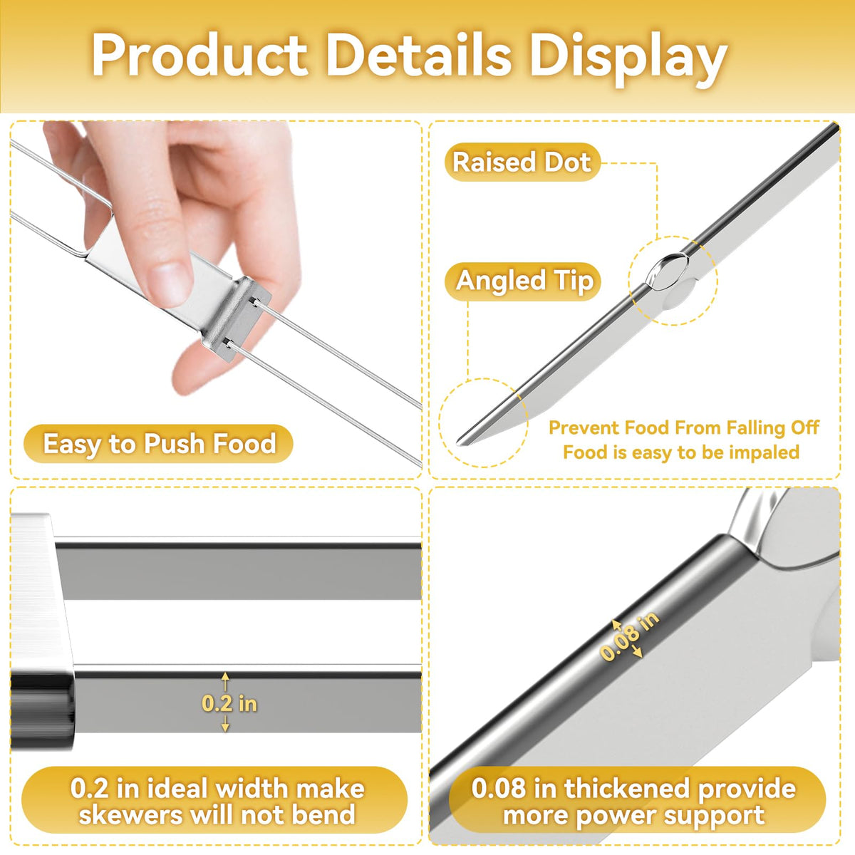Lucalda skewers with flat dual blades prevent spinning for even cooking