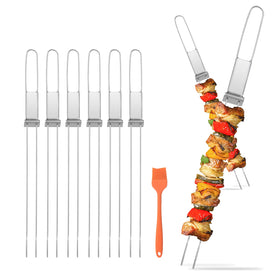 Lucalda skewers push bar removal for easy food release during grilling.