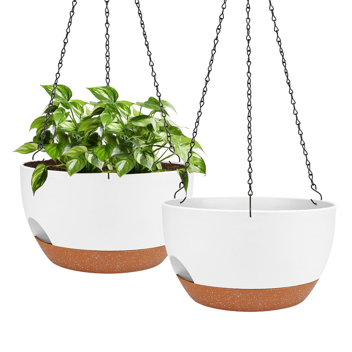 Lucieblessdesign hanging planter white close-up shows self-watering reservoir for steady moisture.