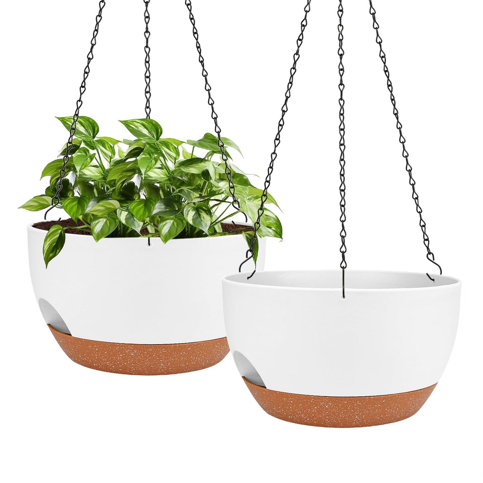 Lucieblessdesign hanging planter white close-up shows self-watering reservoir for steady moisture.