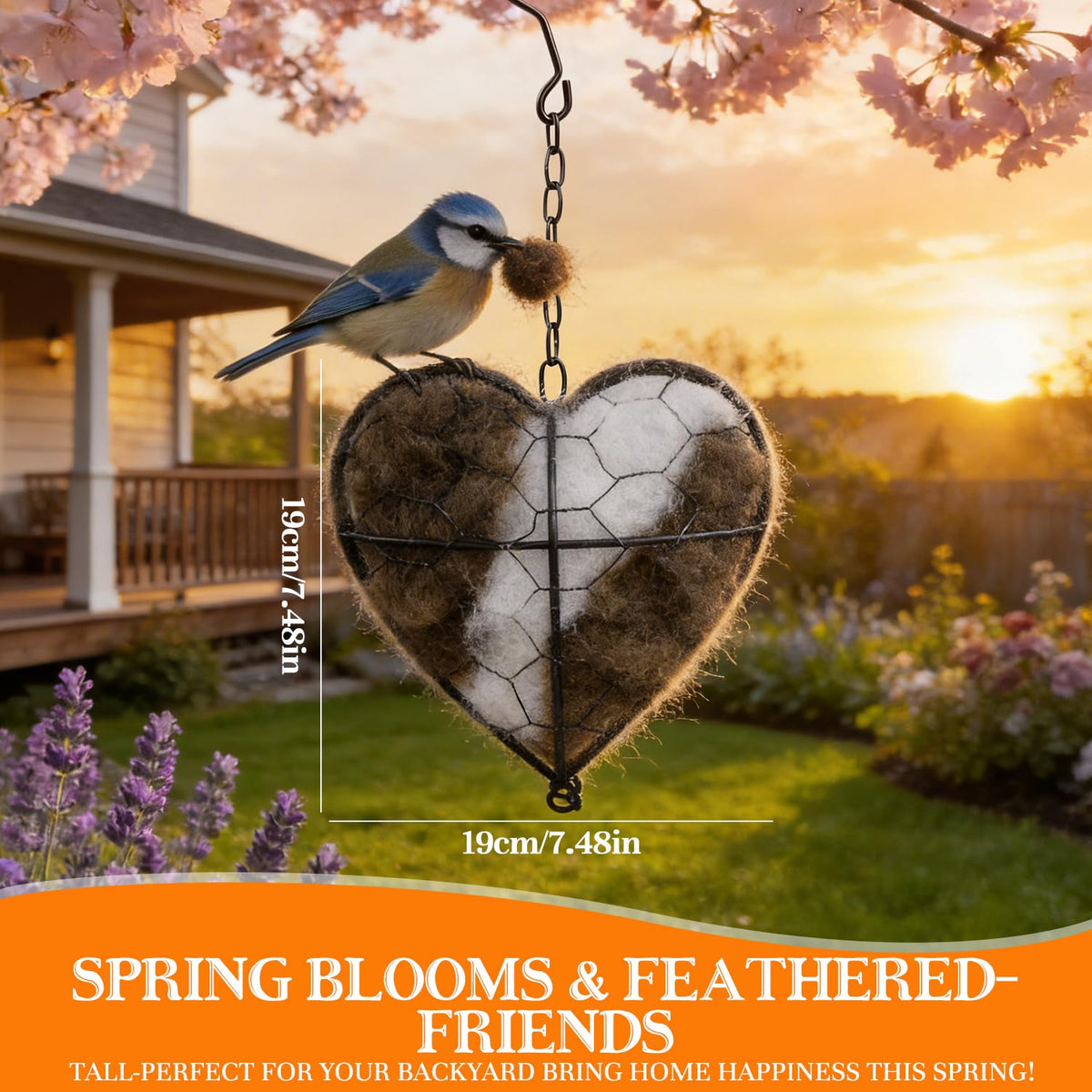 Lucift Alpaca Fiber Bird Nesting Heart hanging on a branch for outdoor shelter.
