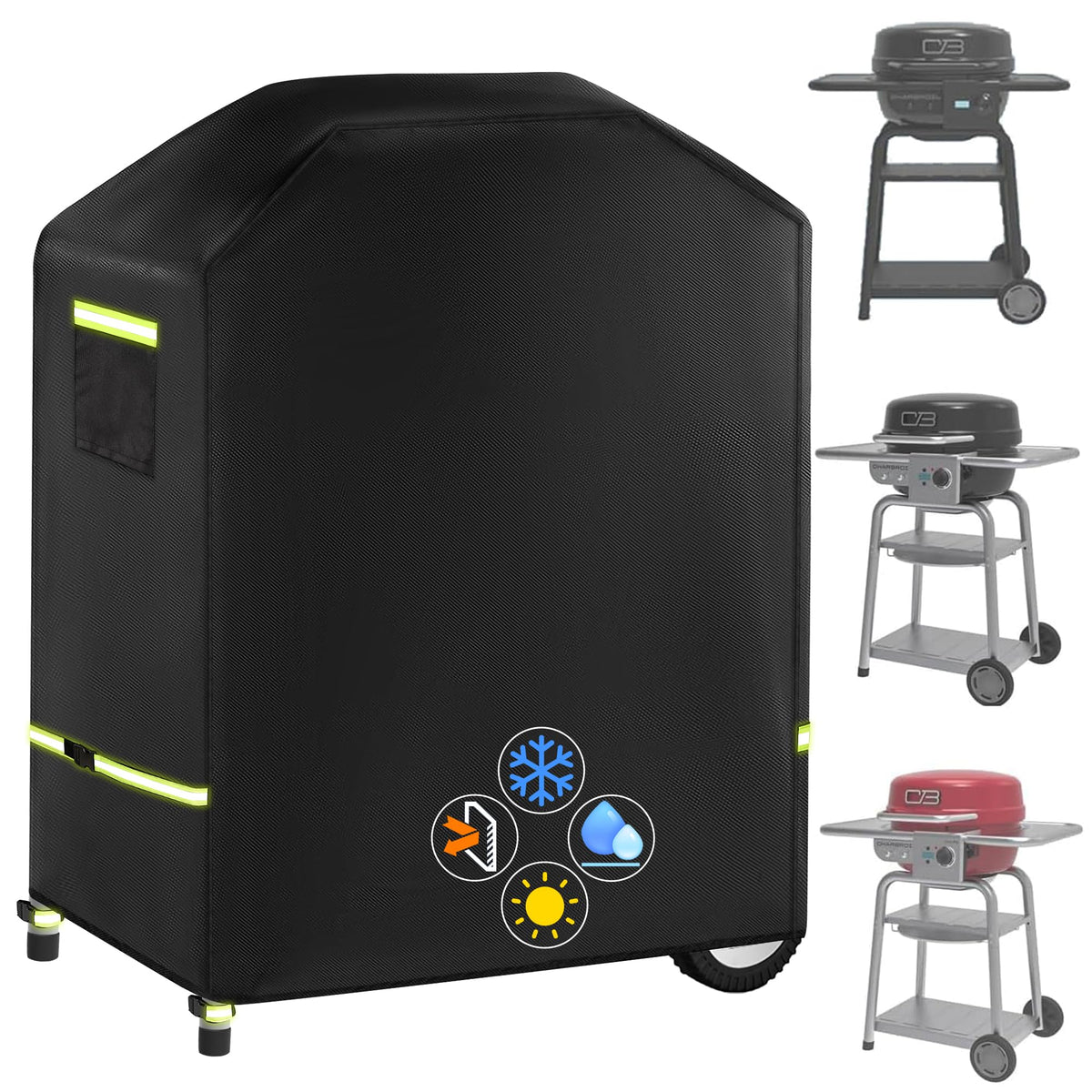LUCKIPLUS grill cover in place on Weber Bistro Pro for rain protection and a secure fit