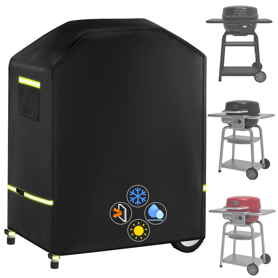 LUCKIPLUS grill cover in place on Weber Bistro Pro for rain protection and a secure fit