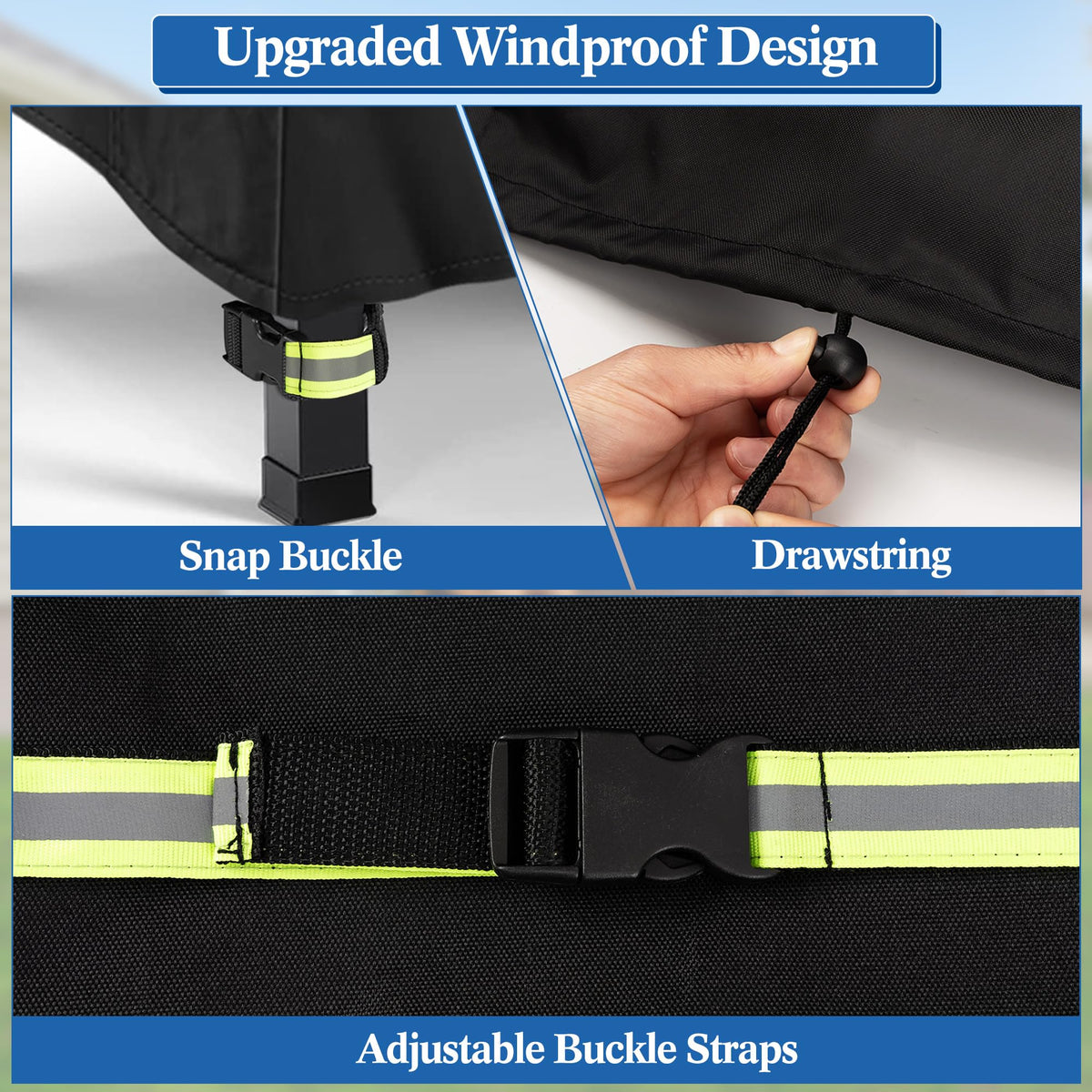 LUCKIPLUS grill cover showing reflective strips for nighttime visibility
