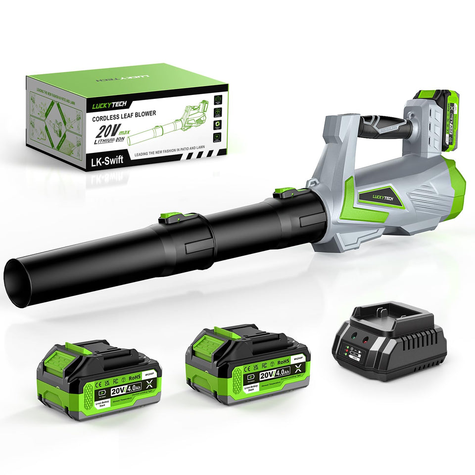 LUCKYTECH cordless leaf blower in assembly setup for easy yard prep.