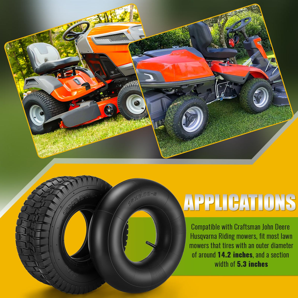 LuckySlycyc installation-ready tire on riding mower for easy replacement.