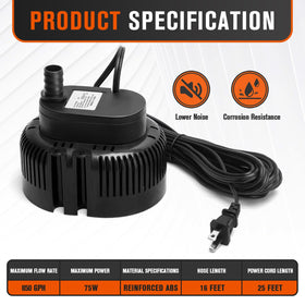 LuckySlycycyc submersible pump 75W powers reliable draining in tight spaces.