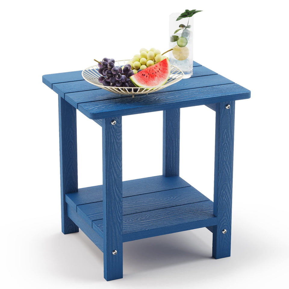 LUE BONA Adirondack outdoor side table in navy blue with 2-tier design for extra storage.