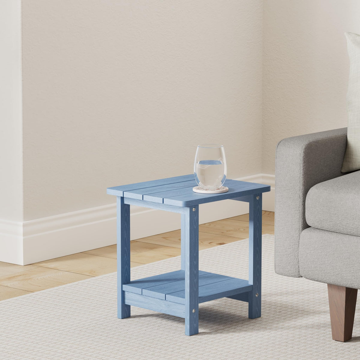 LUE BONA two-tier design provides space for lamp, books, and beverages beside seating.