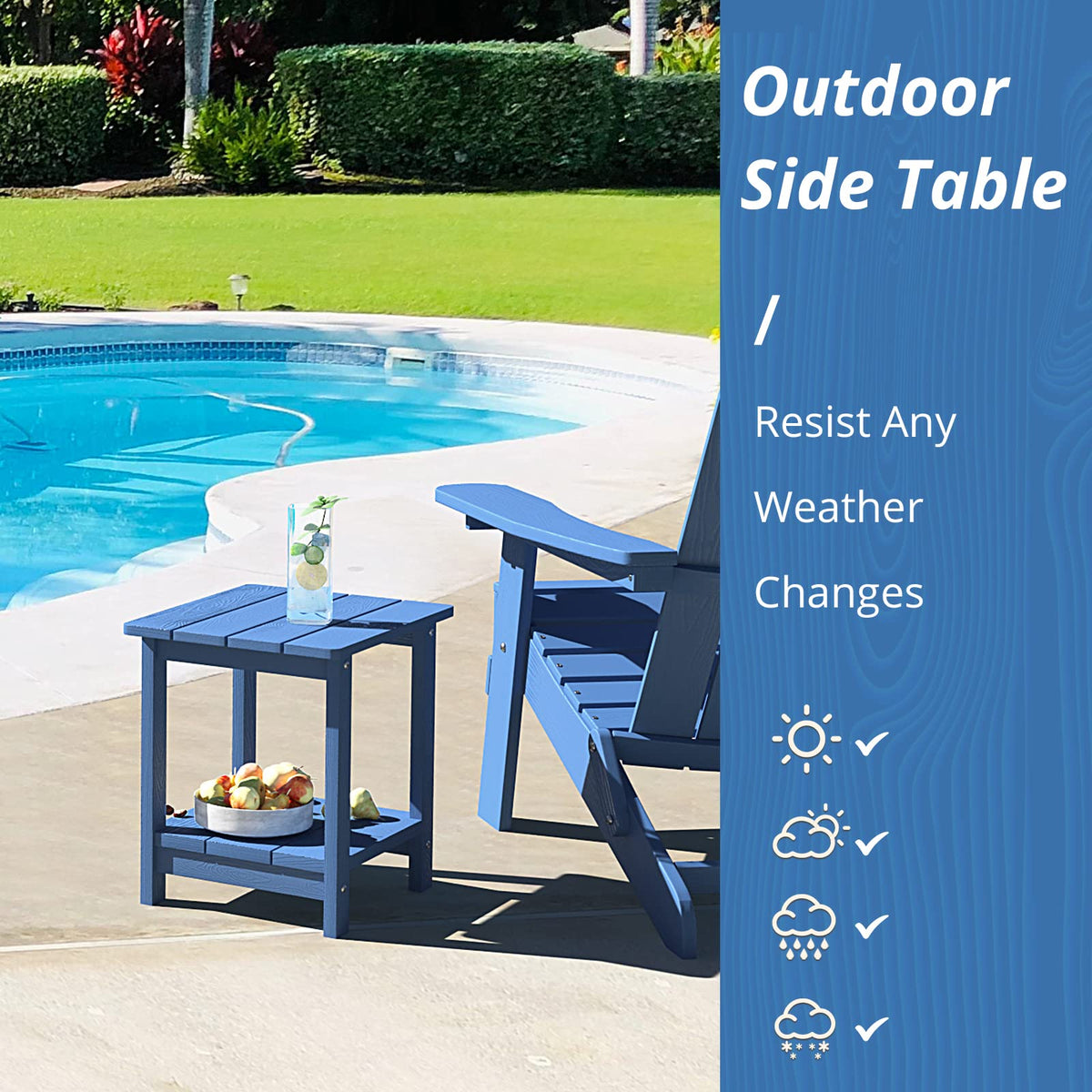 LUE BONA weather-resistant patio table in navy finish withstands sun and rain.