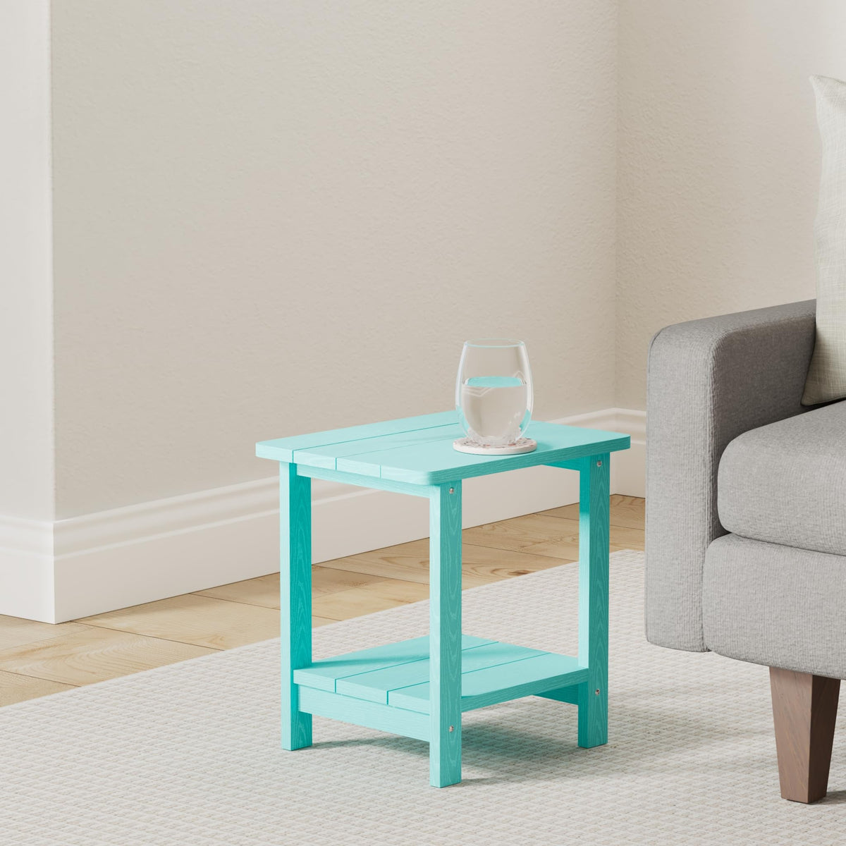 LUE BONA Adirondack side table, two-tier design for extra storage beside seating.