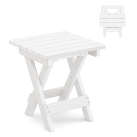 LUE BONA folding side table in white for outdoor patios, lightweight and ready to use.