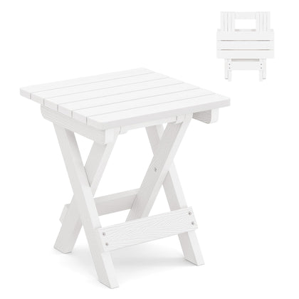 LUE BONA folding side table in white for outdoor patios, lightweight and ready to use.