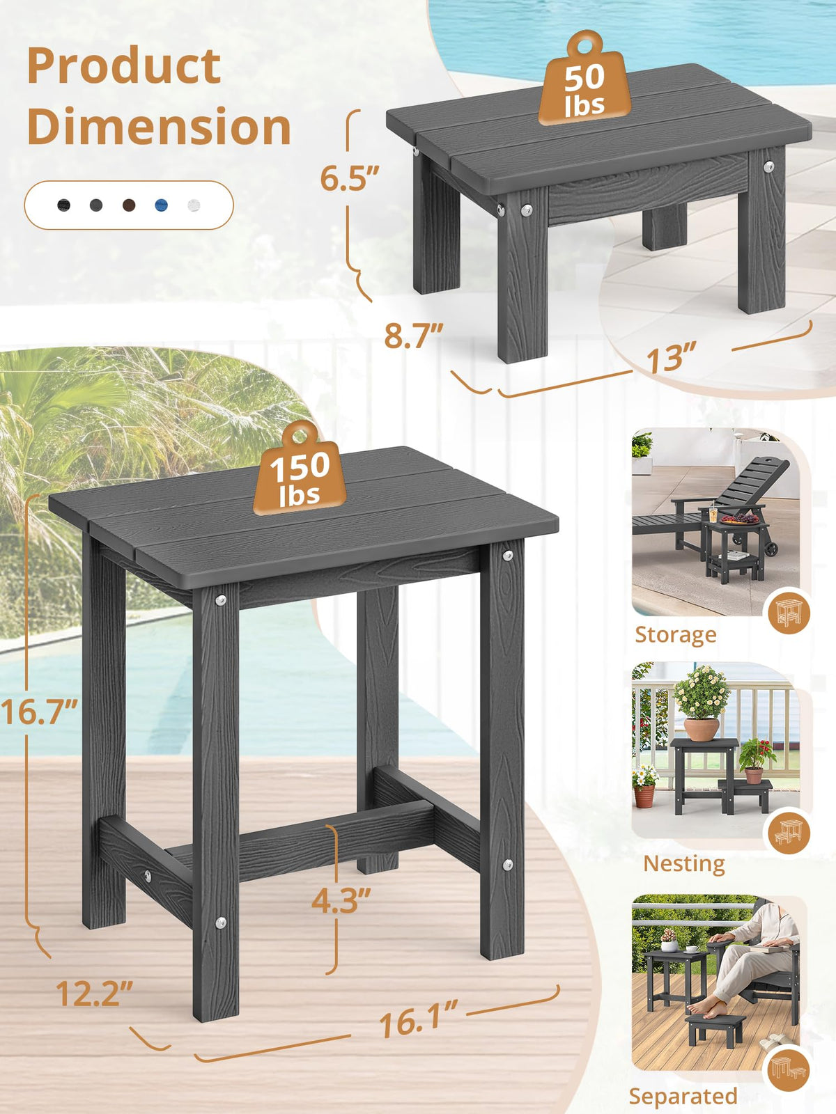 LUE BONA outdoor nesting design with table and removable footstool saves space.