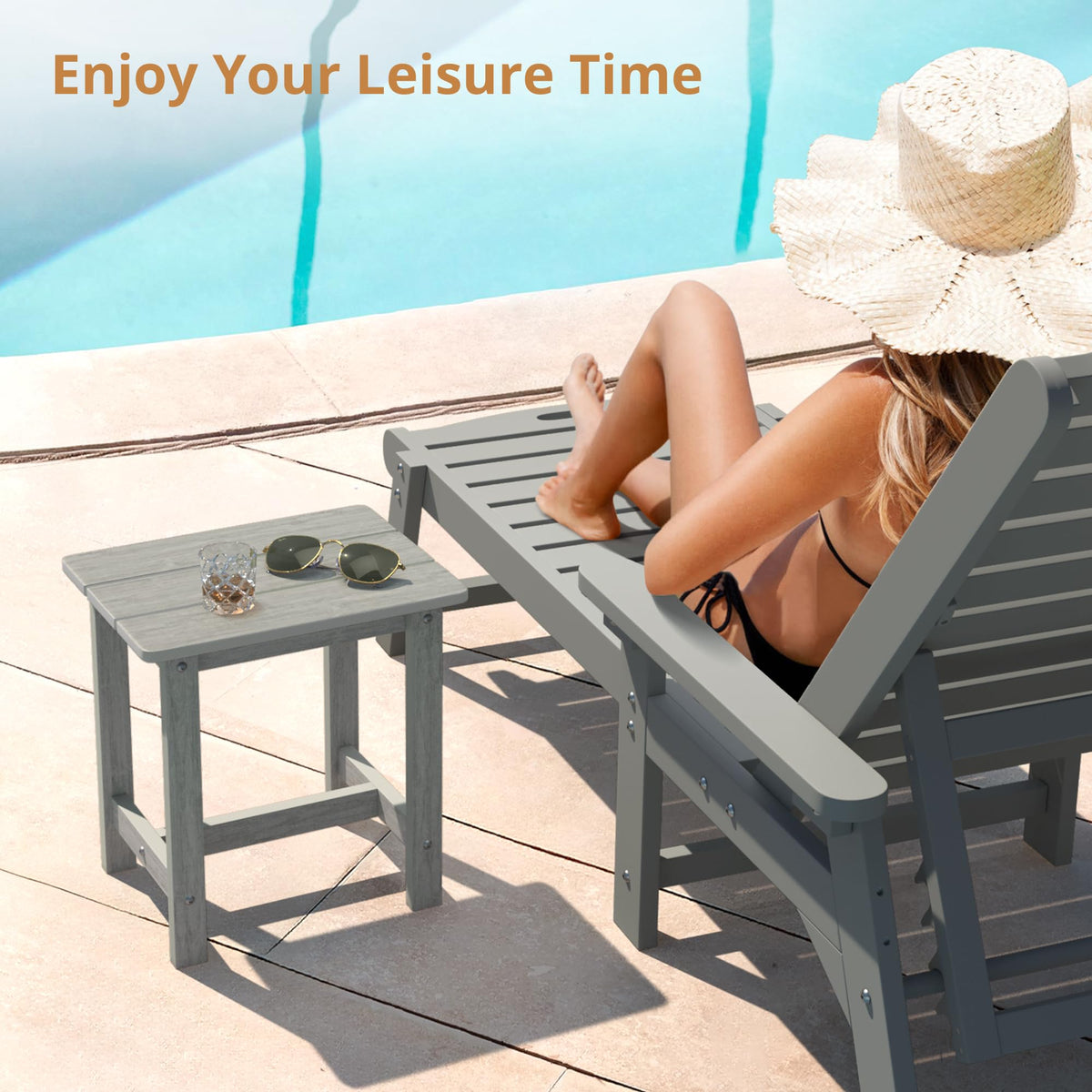 LUE BONA outdoor side table beside Adirondack chair for drinks and snacks.