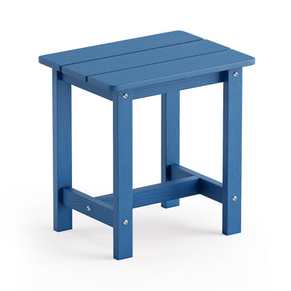 LUE BONA outdoor side table in navy blue beside Adirondack chair for drinks and snacks