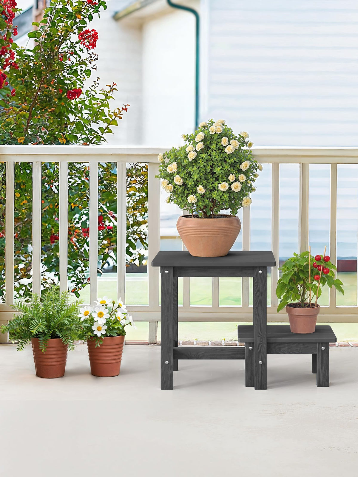 LUE BONA outdoor end table doubles as a plant stand or display rack.