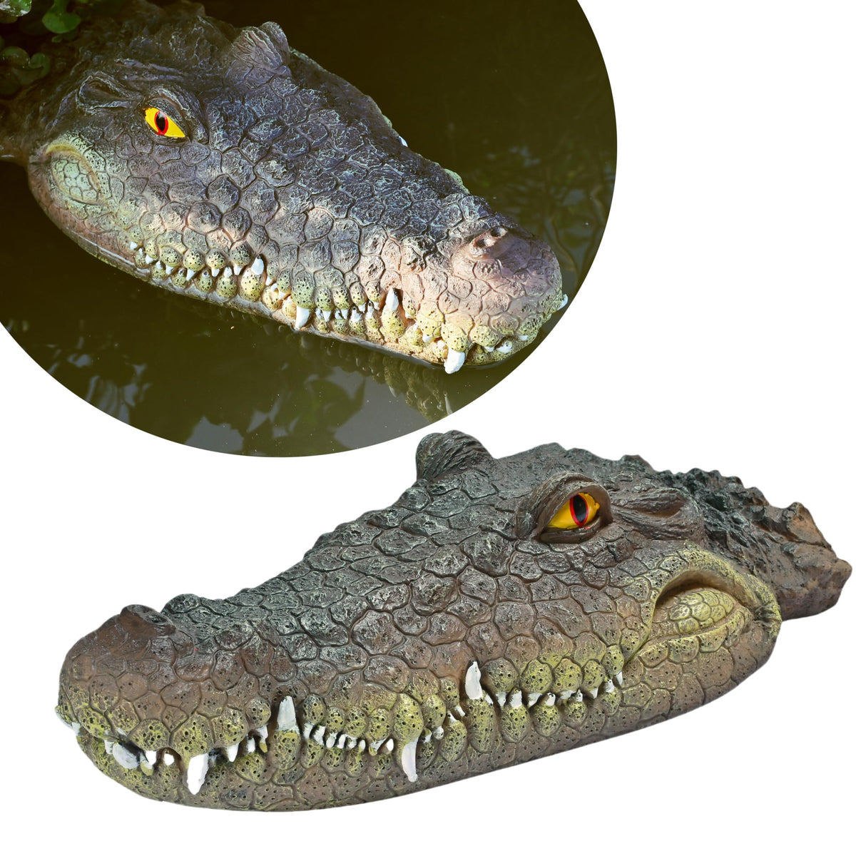 LUEUR alligator head decoy deters pond wildlife while adding realistic detail.