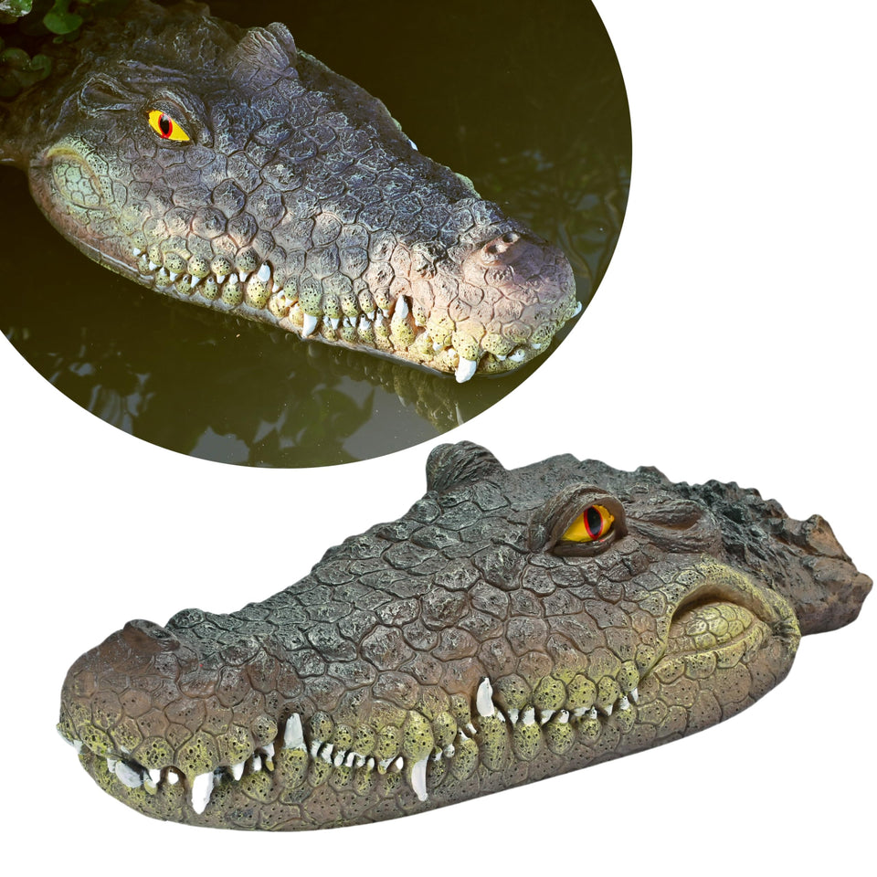LUEUR alligator head decoy deters pond wildlife while adding realistic detail.