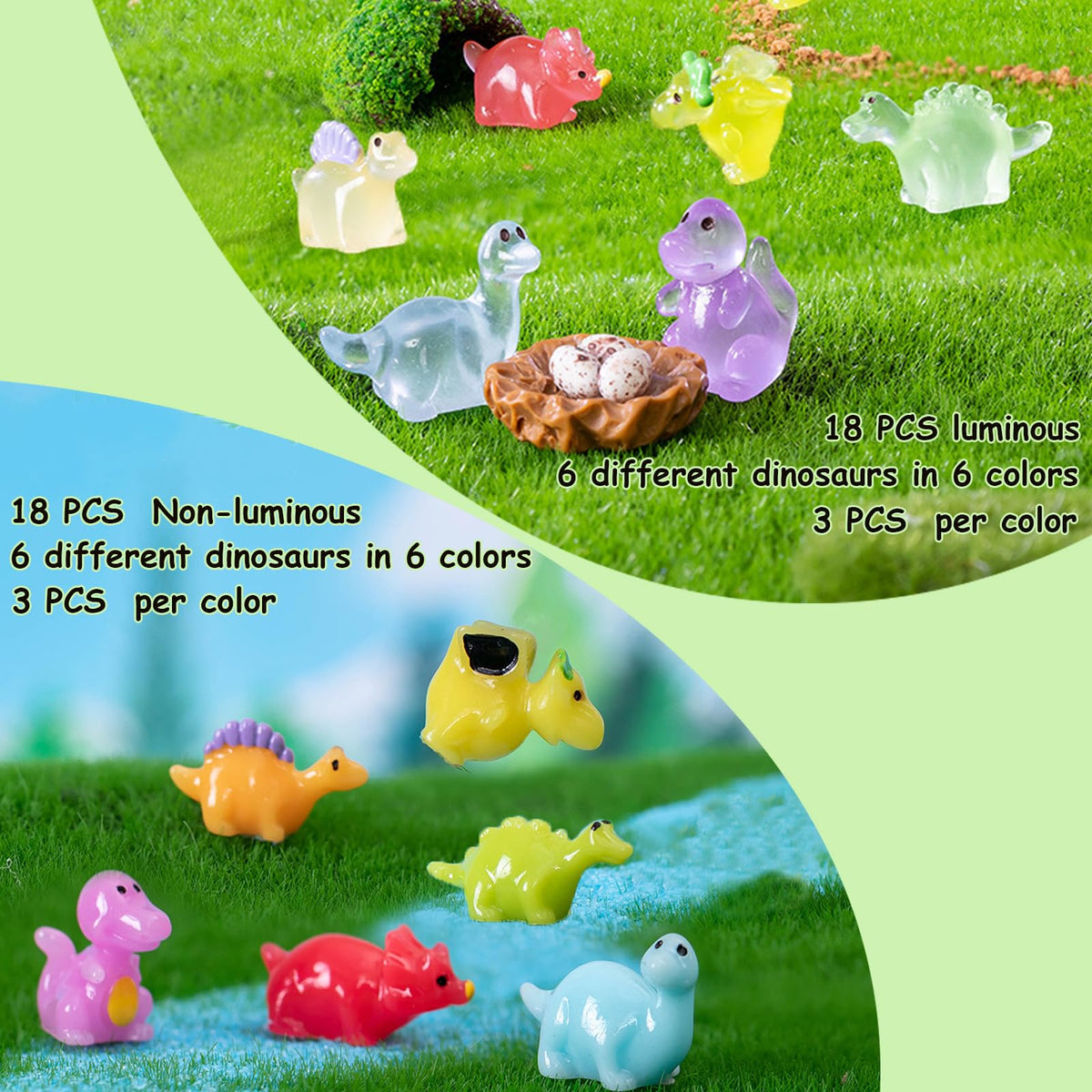Lugailly mini dinosaur non-luminous figures add colorful accents to crafts and mini landscapes.