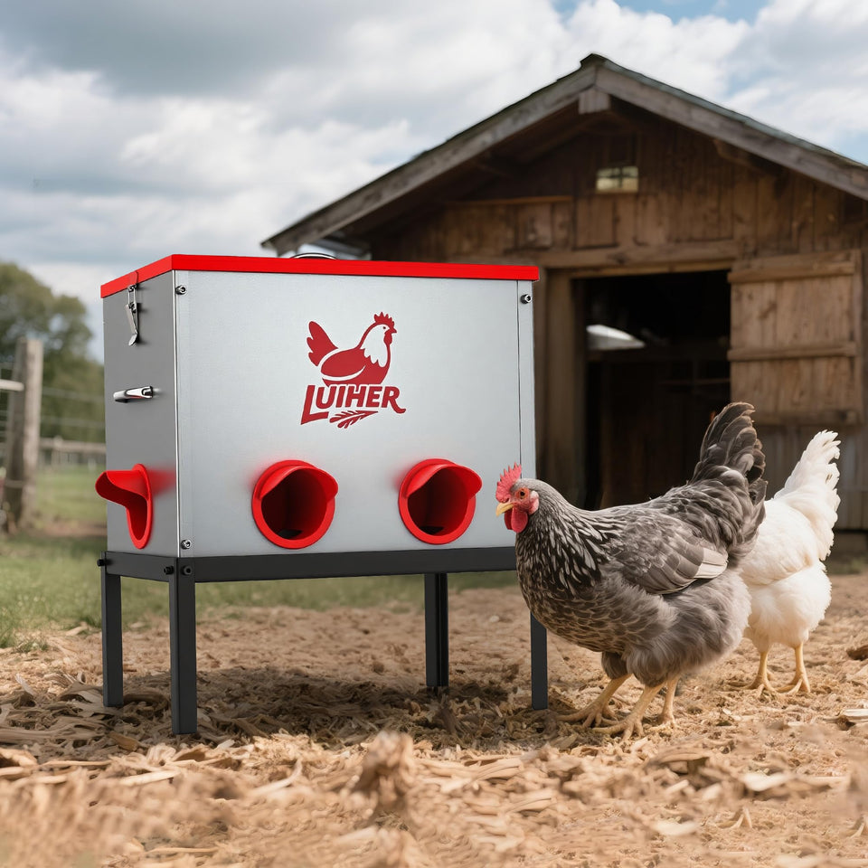 LUIHER chicken feeder with 25lb capacity keeps feed accessible, reducing refills for busy coops