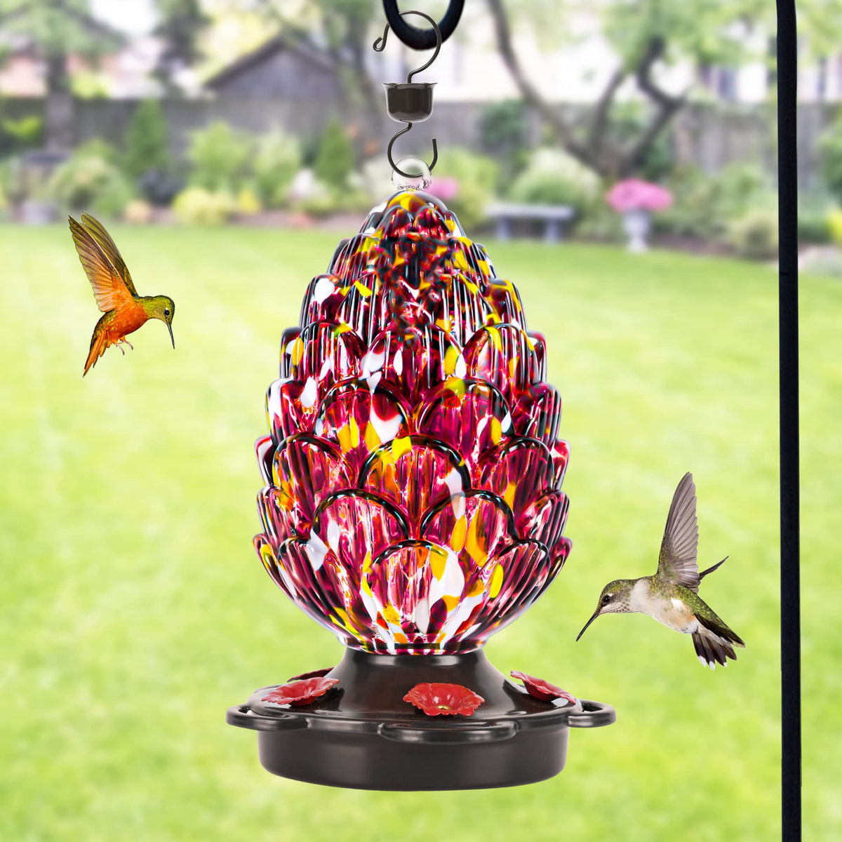 LUJII hand-blown glass hummingbird feeder pine cone design sparkles outdoors