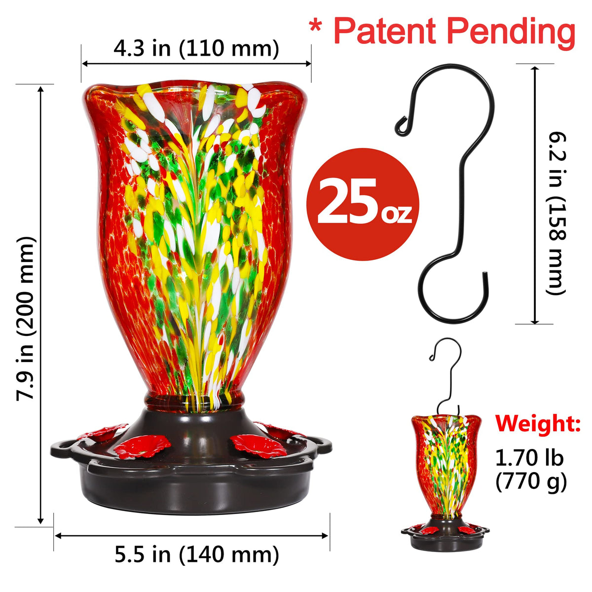 LUJII 25-oz capacity hummingbird feeder for longer between refills.