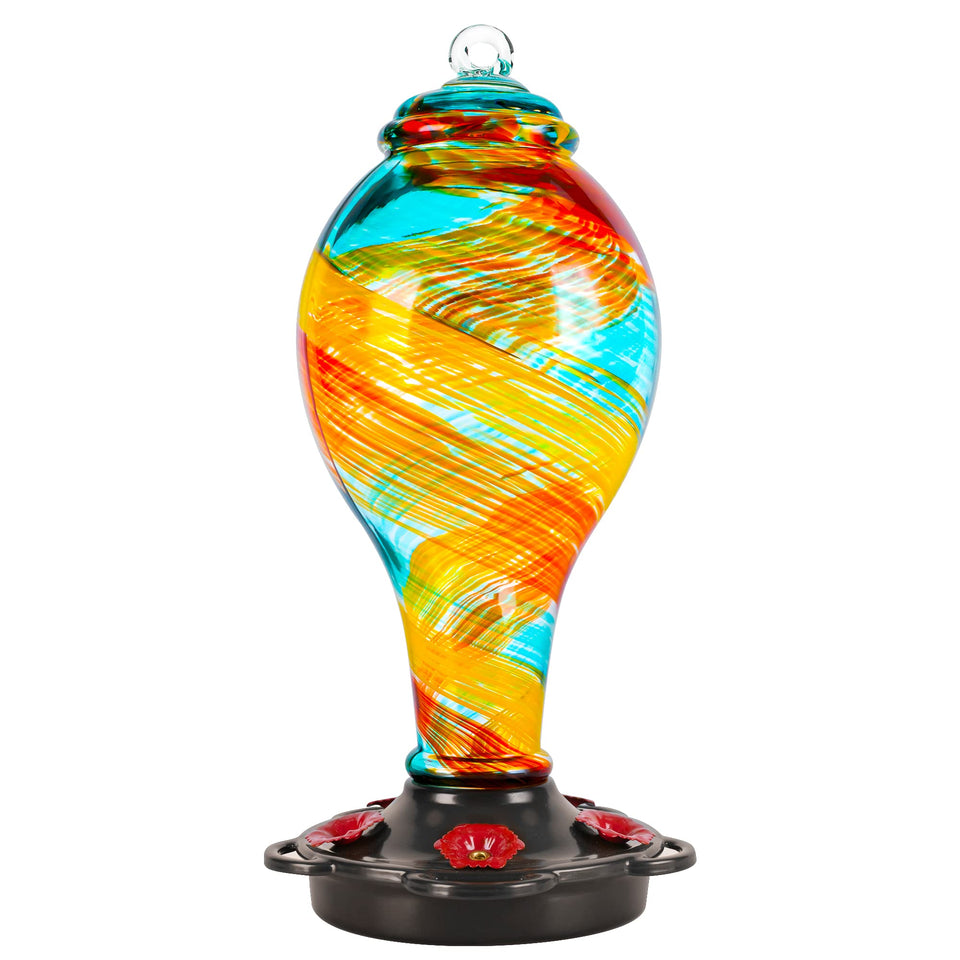 LUJII hand blown glass hummingbird feeder hanging outdoors, decorative and durable for garden viewing