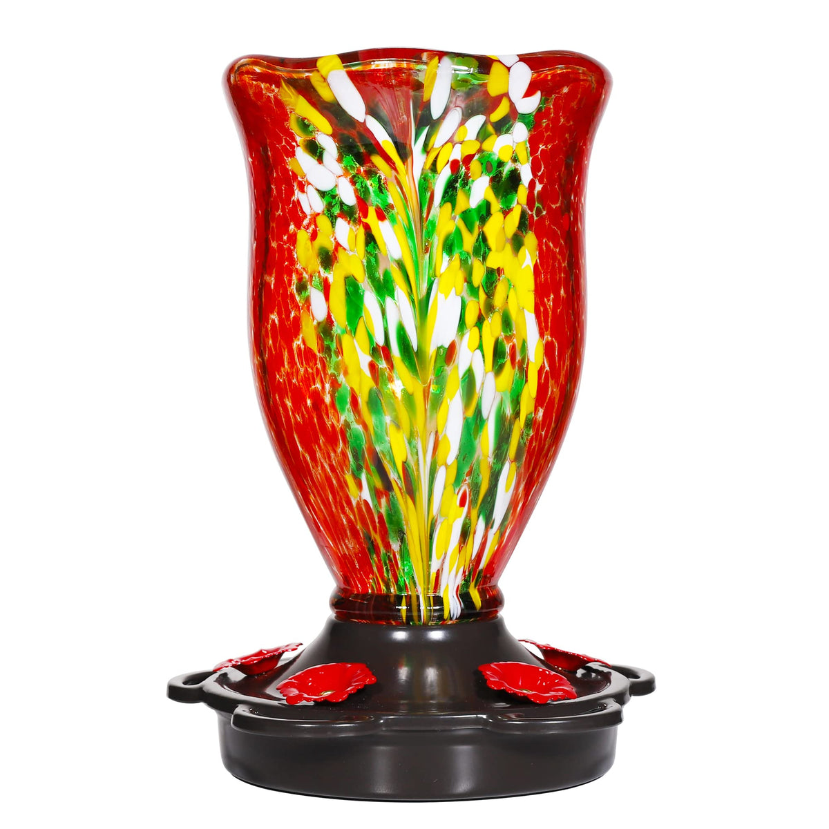 LUJII hand-blown glass hummingbird feeder highlights vibrant color for outdoor enjoyment.
