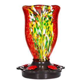 LUJII hand-blown glass hummingbird feeder highlights vibrant color for outdoor enjoyment.