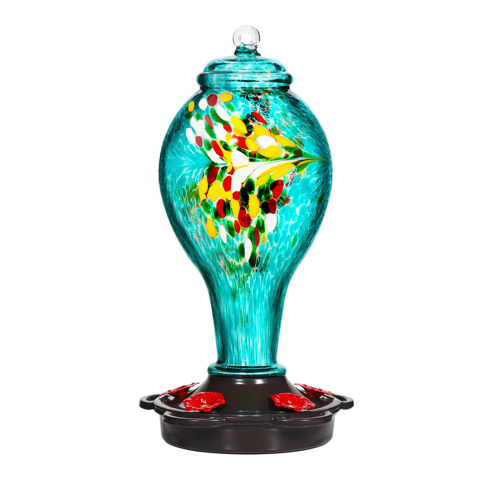 LUJII hummingbird feeder teal hand blown glass for elegant outdoor feeding