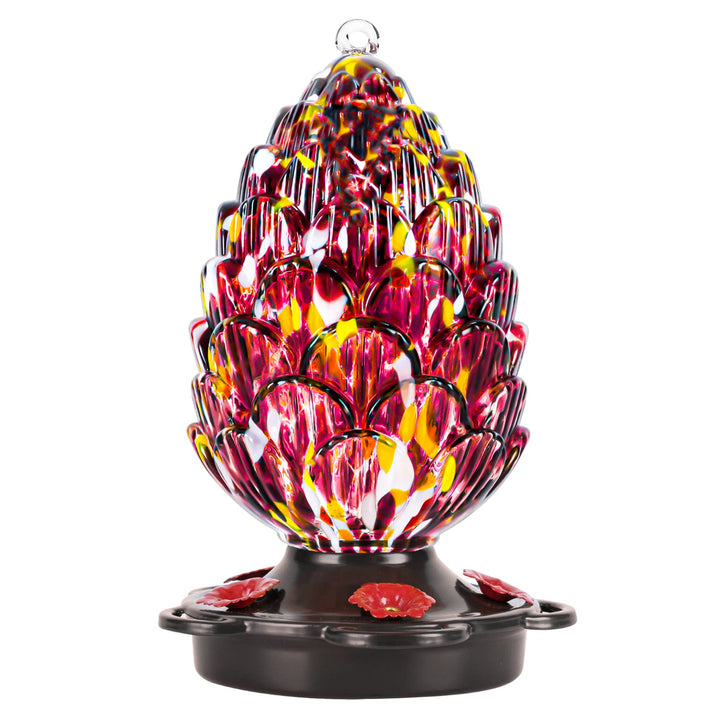 LUJII pine cone hummingbird feeder glows in sun, attracting colorful birds to your garden