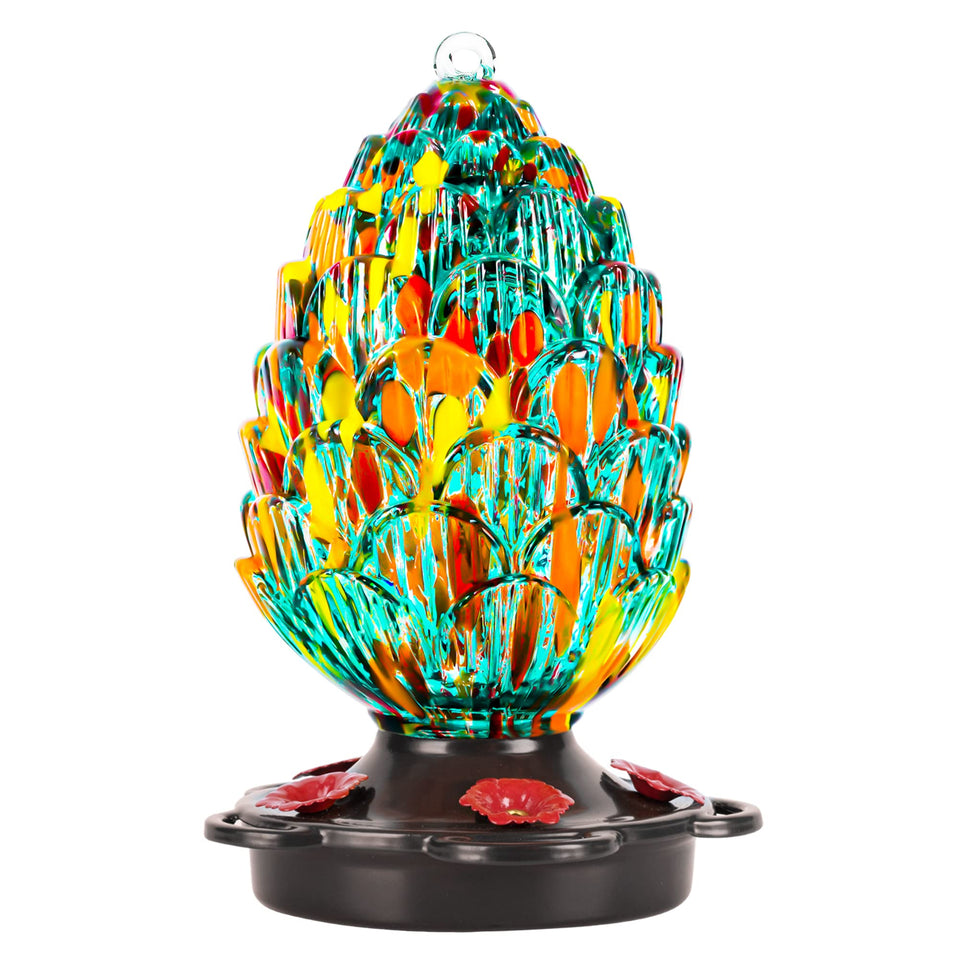 lujii pine cone hummingbird feeder teal glass attracts hummingbirds effortlessly.
