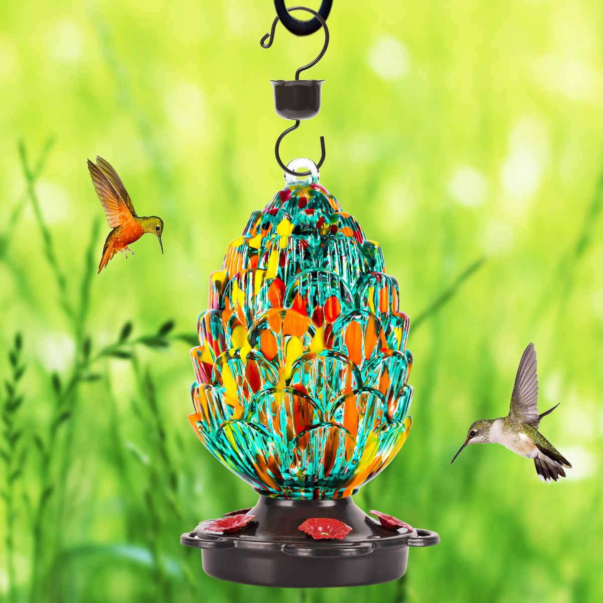lujii hand blown glass feeder close-up shows color-sandwich pattern that won't fade.