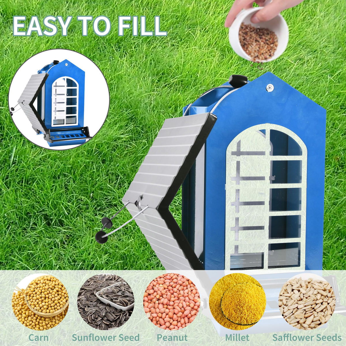 LUKCOZMO feeder with detachable roof simplifies filling and cleaning.