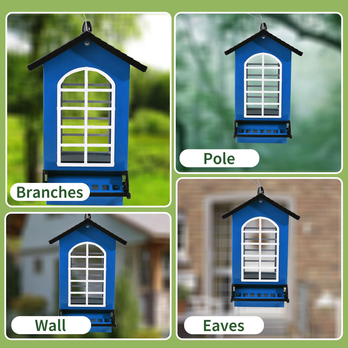 LUKCOZMO outdoor bird feeder drains moisture to keep seeds dry.