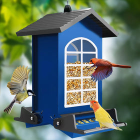 LUKCOZMO bird feeder exterior shows rugged metal construction for all-weather use.