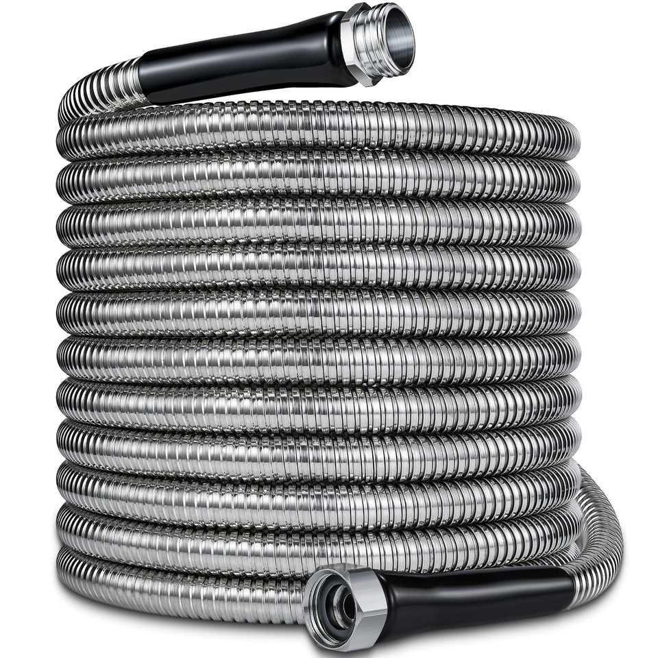 Lukiegale 150ft garden hose uncoiled for easy watering and garden chores.