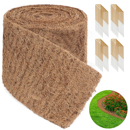 LukLoy coconut fiber mulch roll along a flower bed for natural edging and improved soil contact.