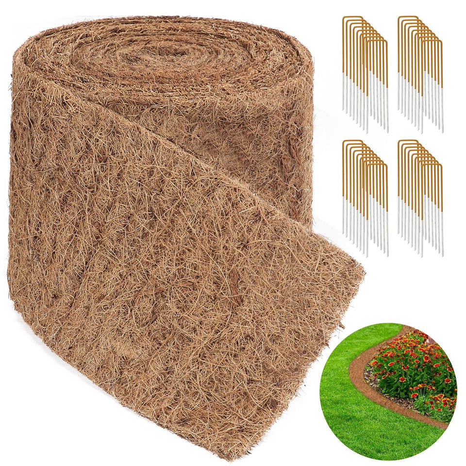 LukLoy coconut fiber mulch roll along a flower bed for natural edging and improved soil contact.