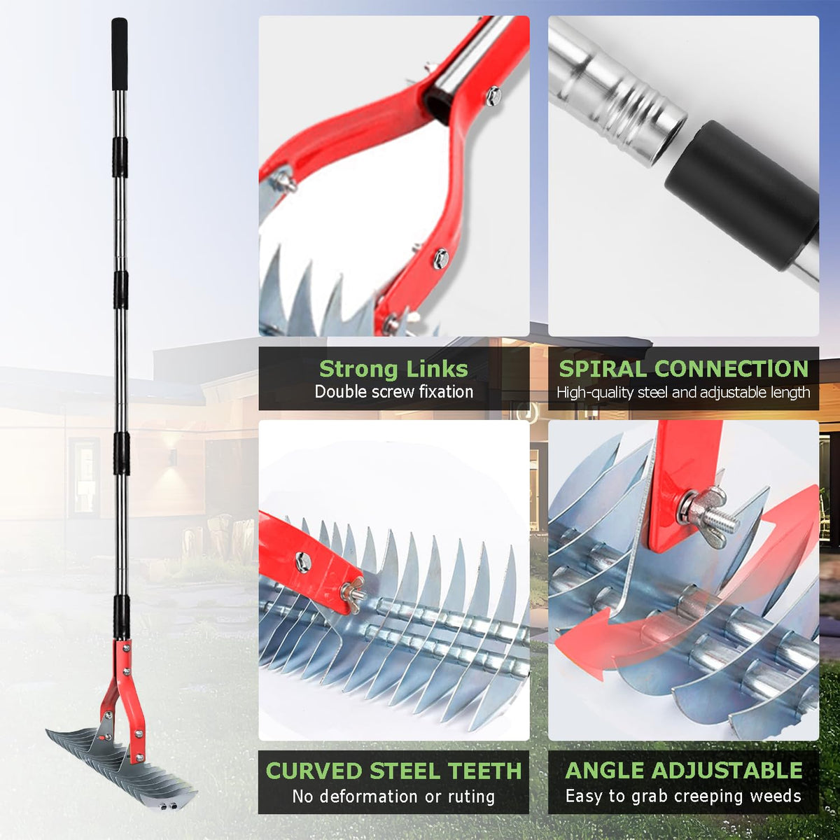 Lulkod thatch rake with adjustable teeth angle for comfortable dethatching