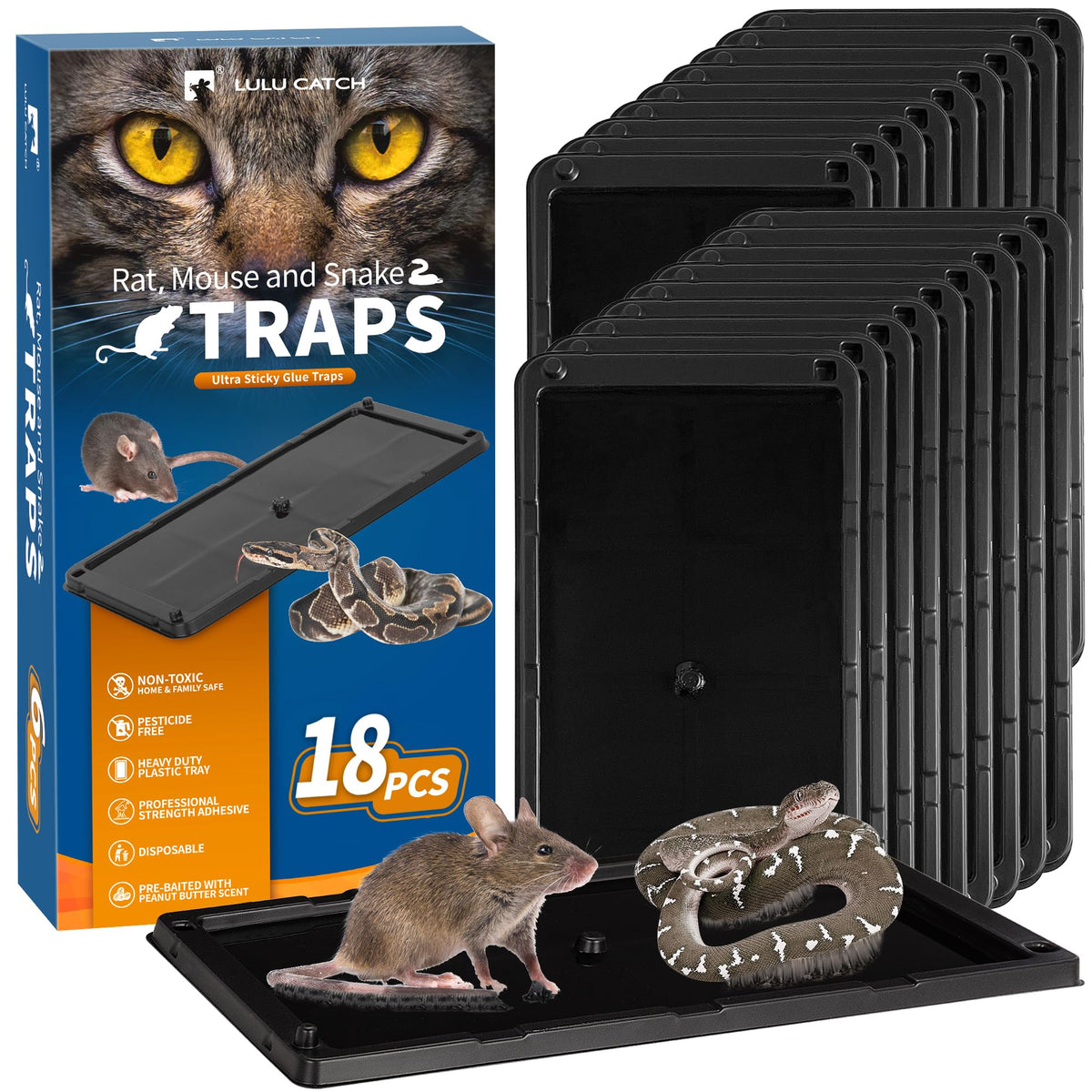 LULUCATCH 18-pack pre-baited glue traps ready for quick indoor placement.